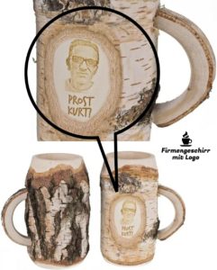 Holz Krug Bierkrug Logo rustikal Birkenholz 1 Liter Fotogravur Holzkrug