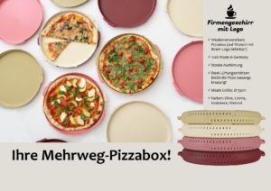 Mehrweg Pizzakarton Pizzabox mit eigenem Logo individuell bedrucken Pizzeria Restaurant Gastronomie Großhandel wiederverwendbar kaufen