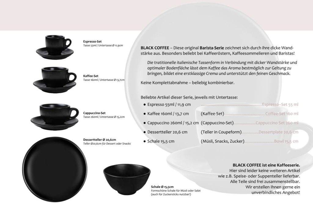 Firmengeschirr schwarz matt Kaffeegedeck Porzellan Set Tasse Teller Geschirr mit Logo bedrucken Black Coffee